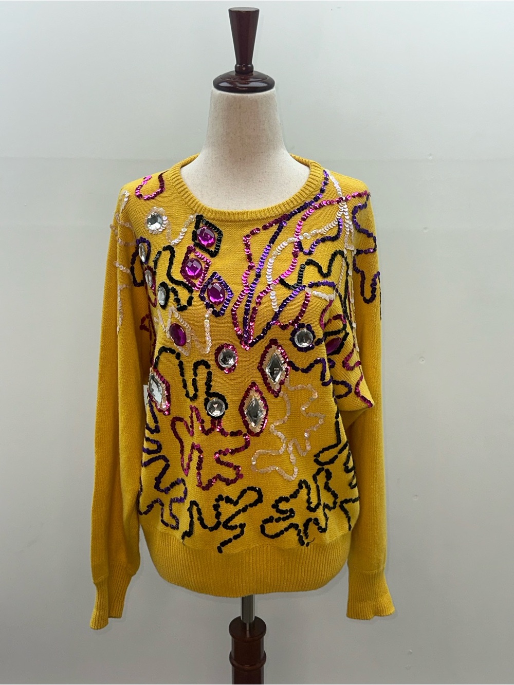 Cervelle Yellow Sequins Gemstone Squiggles Sweater 80s 90s Medium Ramie